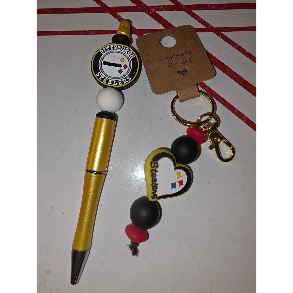 Handmade Pittsburgh Steelers Beaded Pen and Keychain Set NFL Fan Gift Gold